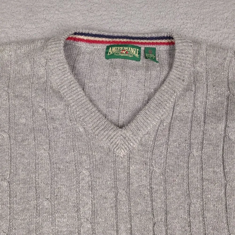Vintage American Eagle Sweater Mens XL Gray Cable Knit V-Neck‎ Pullover Preppy
